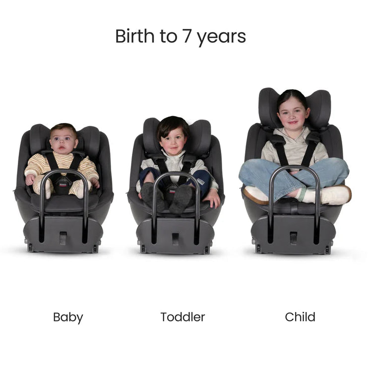 Three stages of a child's growth in a Silver Cross Perform car seat, labeled 'Baby', 'Toddler', and 'Child'