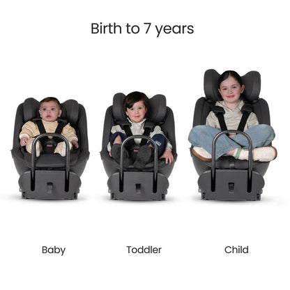 Three stages of a child's growth in a Silver Cross Perform car seat, labeled 'Baby', 'Toddler', and 'Child'