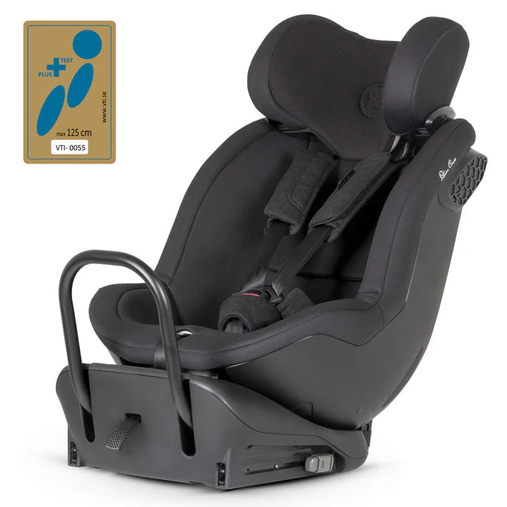 Black Silver Cross Perform car seat with certification logo on a white background