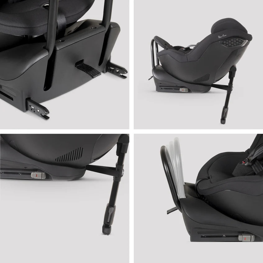 Black Silver Cross Perform car seat shown from multiple angles on a white background