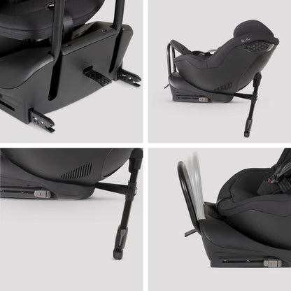 Black Silver Cross Perform car seat shown from multiple angles on a white background