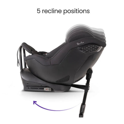 Black Silver Cross Perform car seat with recline positions feature on a white background